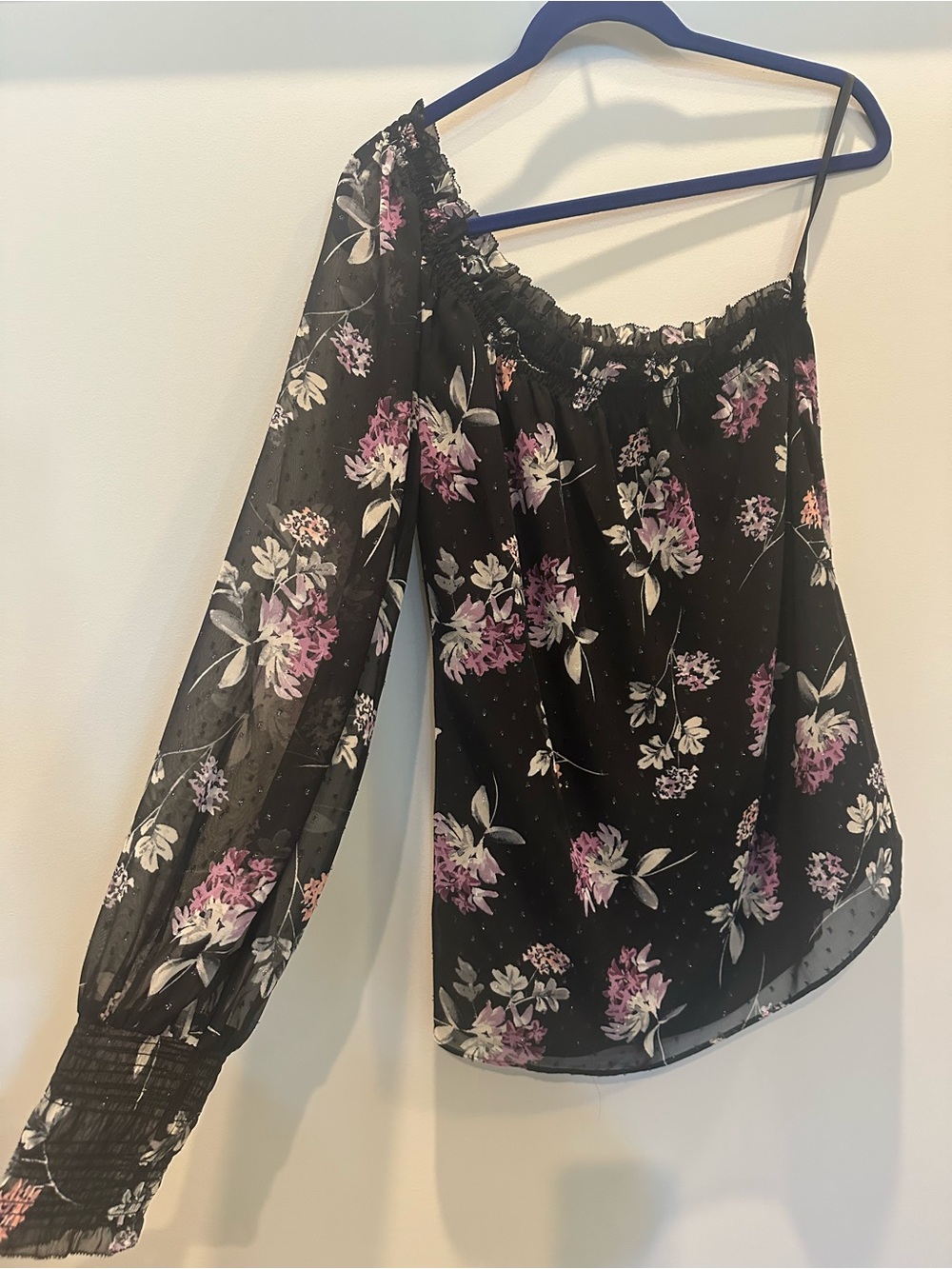 WHBM Black Floral One-Shoulder Blouse